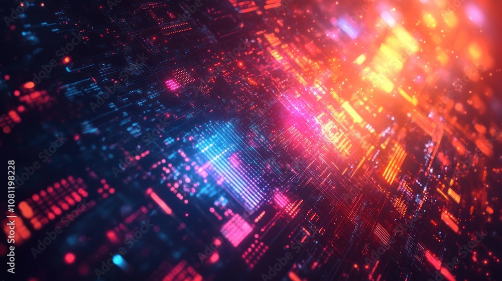Poster abstract digital background with glowing lines and squares in red and blue.