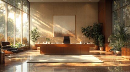 Sunlit Executive Office: A spacious and modern office with a large window overlooking a lush green landscape, bathed in warm sunlight. The room features a large desk, comfortable chairs.
