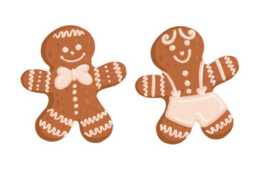 Set of Christmas gingerbread cookies with icing. Cute, colorful gingerbread men, Cartoon vector graphics.