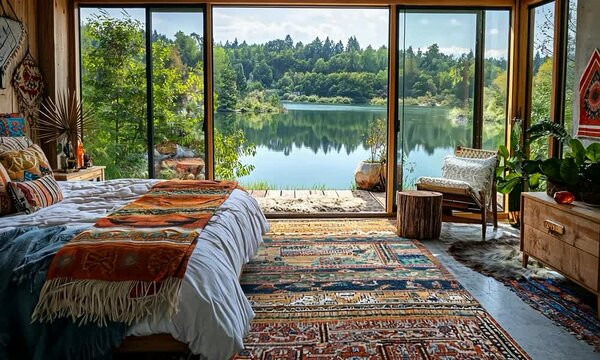 Bohemian bedroom with vibrant textiles, eclectic decor, and a view of a lush garden