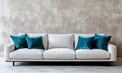 Modern white sofa with teal pillows against a textured beige wall. Minimalist and contemporary interior design