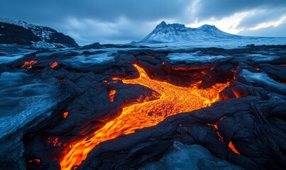 Obraz premium Molten Lava Flowing Across Frozen Terrain in Dramatic Elemental Clash