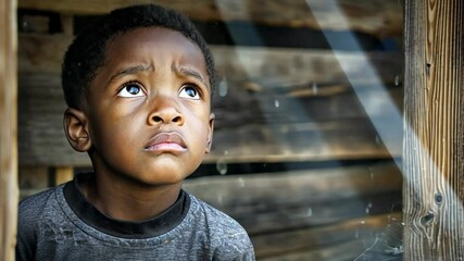 Boy Gazing Out Rustic Wood Window, Childhood Nostalgia, Thoughtful Expression, Autumn Afternoon, Warm Tones, Rural Setting, Photorealistic Detail, Home Decor Design Element, Storytelling Capture
