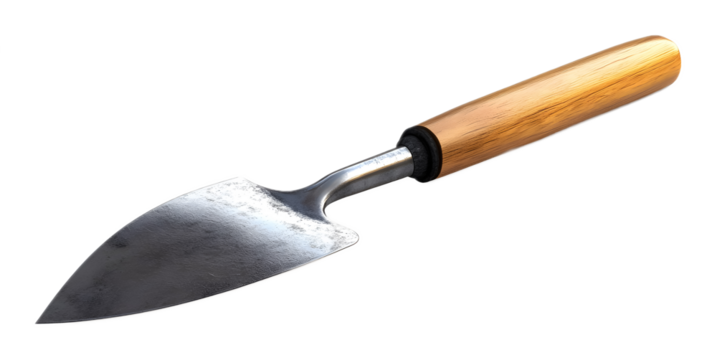 Trowel with wooden handle on a transparent background. isolated background.