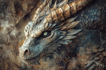 Naklejka premium Grunge style dragon portrait, detailed scales and horns.