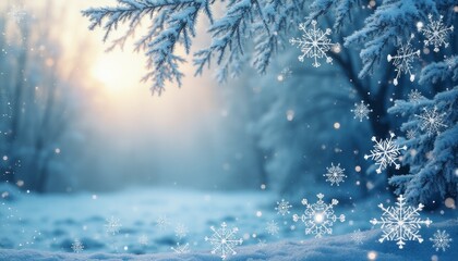 A serene winter landscape unfolds, blanketed in soft, glistening snow, with delicate snowflakes dancing through the air. The gentle sunlight filters through the frosty branches, casting a magical glow