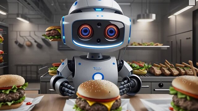 little cute robot chef cooks hamburger