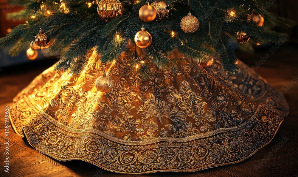 Poster luxurious golden christmas tree skirt with intricate patterns, adding an elegant touch to a tree fil