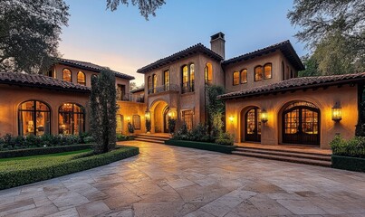 Fototapeta premium Luxury Mediterranean-style house featuring terracotta walls, expansive windows, and a spacious courtyard with modern landscaping and outdoor lights under a clear sky