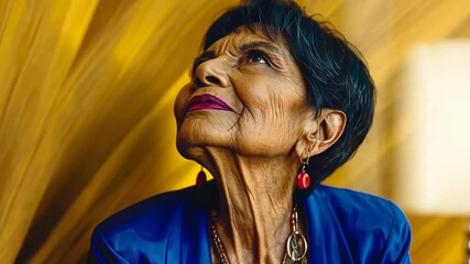 An elegant elderly woman, adorned in a vibrant blue outfit with colorful accessories, shares a thoughtful moment