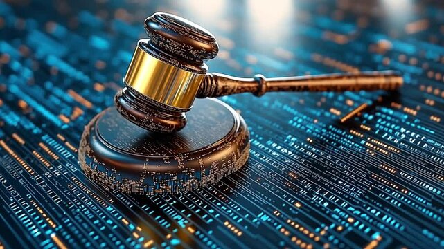 Wooden gavel resting on futuristic digital surface. Concept of the intersection of technology, legal justice, digital law and cybersecurity justice.