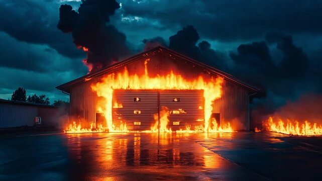 Warehouse set ablaze with intense flames under dark sky. Concept of danger and urgency in a fire emergency.