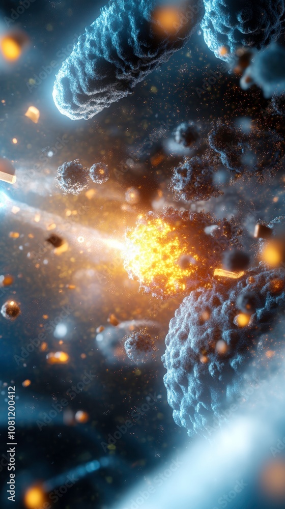 Poster microscopic close up of human cells with glowing particles and textures, showcasing intricate detail