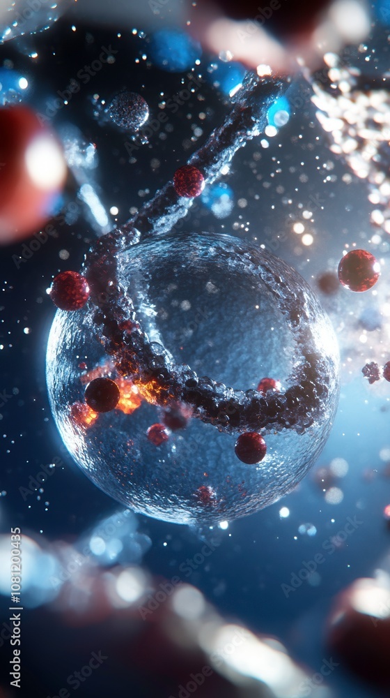 Poster mesmerizing microscopic view of human cells and particles interacting, showcasing intricate details 