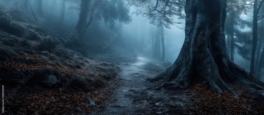 Poster mysterious path through a foggy forest with a large tree on the right.