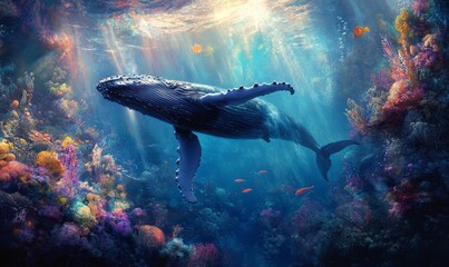 Fototapeta premium Majestic Humpback Whale Glides Through the Ethereal Depths of the Vibrant Underwater World