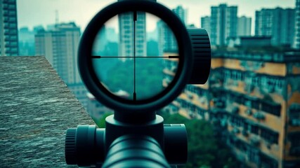 Urban skyline framed through the crosshairs of a sniper scope. Capturing the tension and focus of urban targeting.