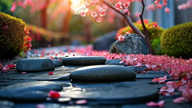 Tranquil Japanese Zen Garden Path With Blossoming Cherry Trees And Sunlight