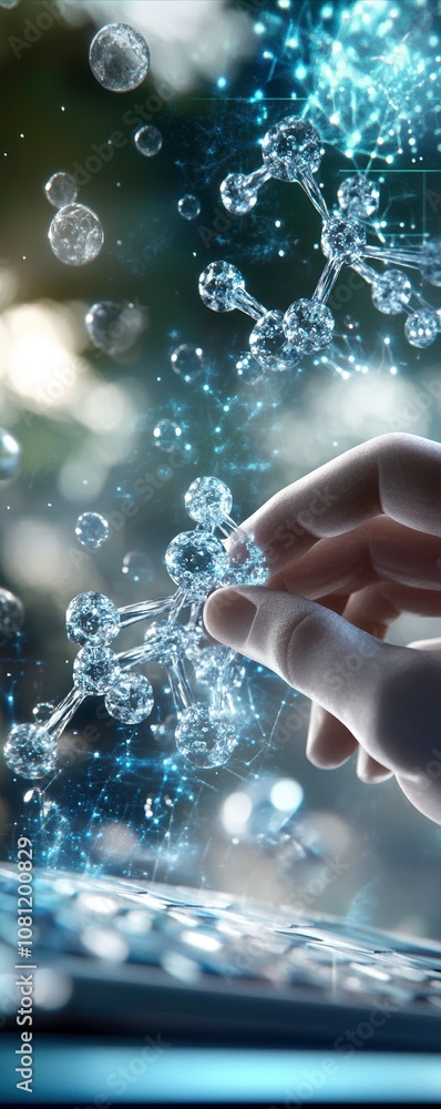 Poster innovative in silico drug modeling on computer screen, showcasing molecular structures and hand inte