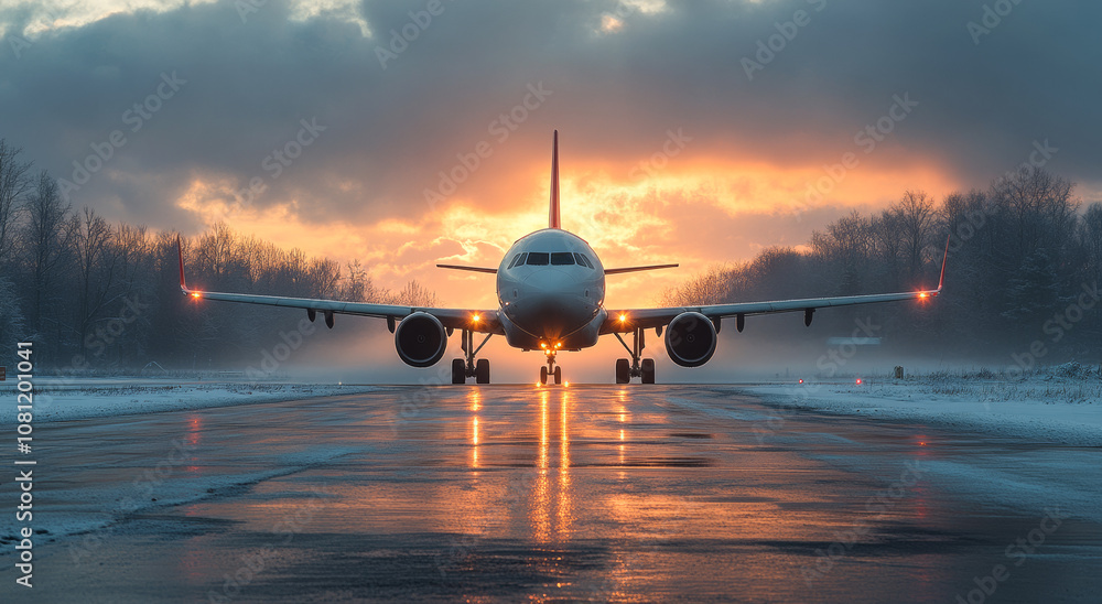 Poster a large airplane is on the runway, with the sun setting in the background. the plane is surrounded b