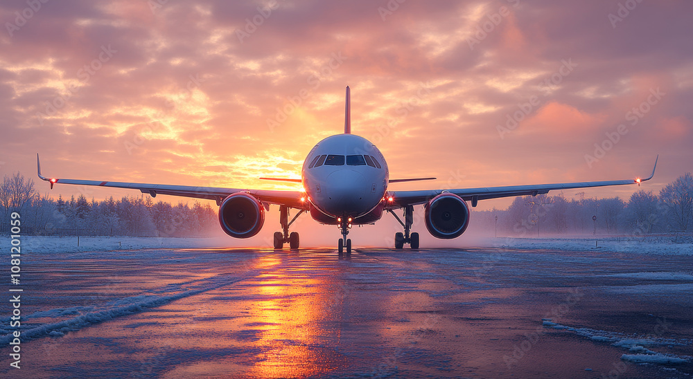 Poster a large white airplane is on the runway with the sun setting in the background. the plane is surroun