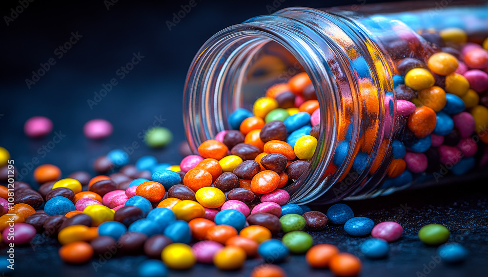 Poster a jar of colorful candies is spilled out on a dark surface. the candies are of various colors and si