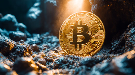 A gold coin with the letter B on it is sitting on a pile of rocks. The image has a moody and mysterious feel to it, as if the coin has been lost or forgotten in the rocky terrain