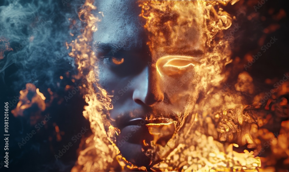 Poster man face merging with fire and smoke generative ai concept