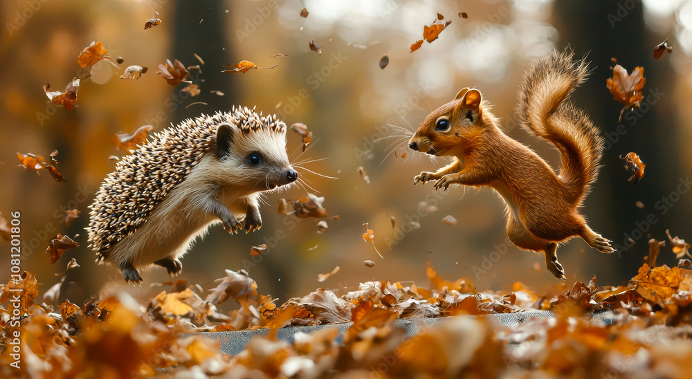 Poster two squirrels are playing in the leaves, one of them is jumping. scene is playful and lighthearted