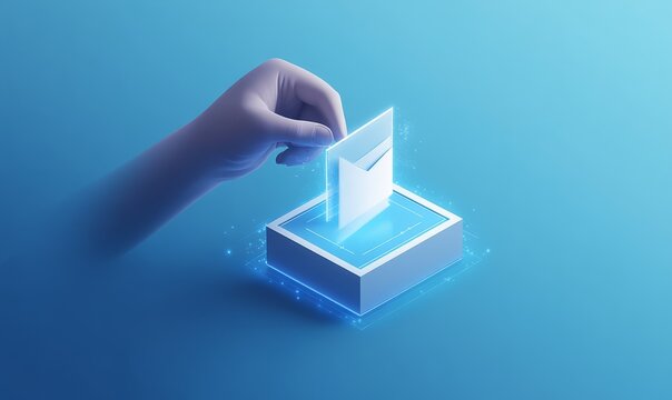 Online voting, Hand with a hologram ballot and a box for Internet voting in a mobile phone on a blue background.