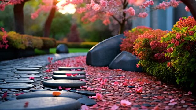 Tranquil Japanese Zen Garden Path With Blossoming Cherry Trees And Sunlight
