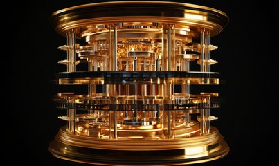 Quantum computer isolated on black. Golden gear, quantum computing, quantum cryptography, steampunk, Q bits, parallel computing