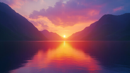 Fototapeta premium vibrant sunset over a calm lake, with mountains reflected in the water