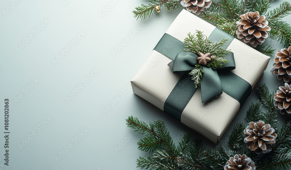 Poster a white box with a green ribbon and pine cones on top of it. the pine cones are arranged in a way th