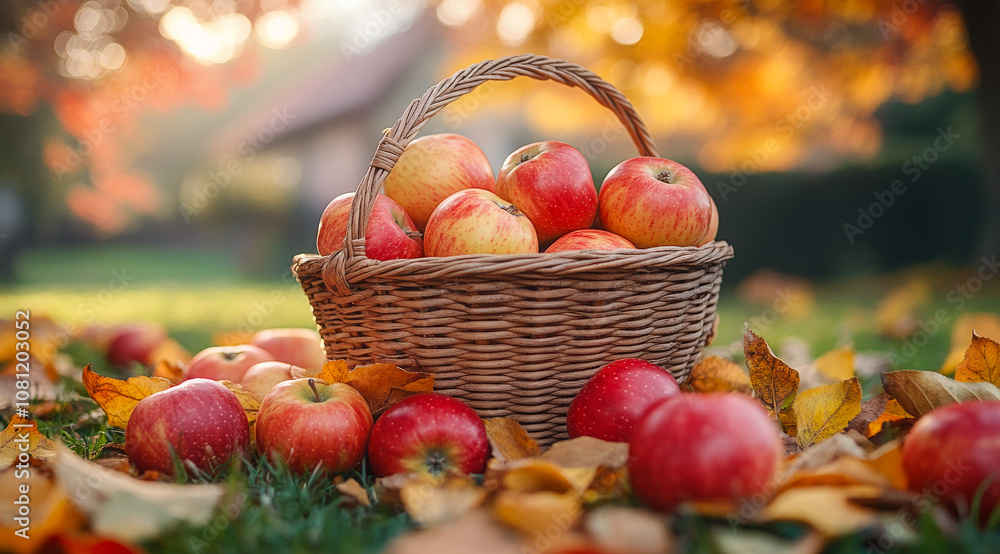 Poster a basket of apples is sitting on the ground next to some leaves. the apples are red and there are ma