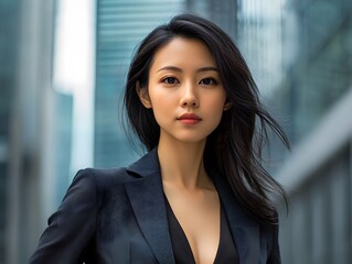 Obraz premium Asian business woman in a stylish blazer with a plunging neckline