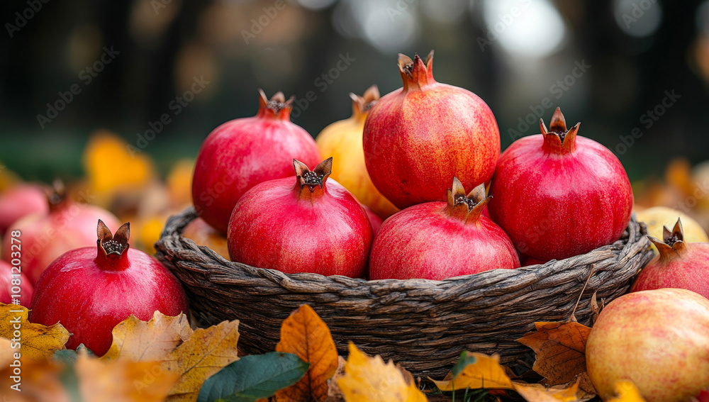 Poster a basket filled with a variety of pomegranates, some of which are red and some are yellow. the baske