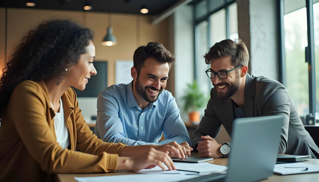 A dynamic scene of workers from diverse ethnic backgrounds collaborating in a modern office environment, promoting teamwork and inclusion