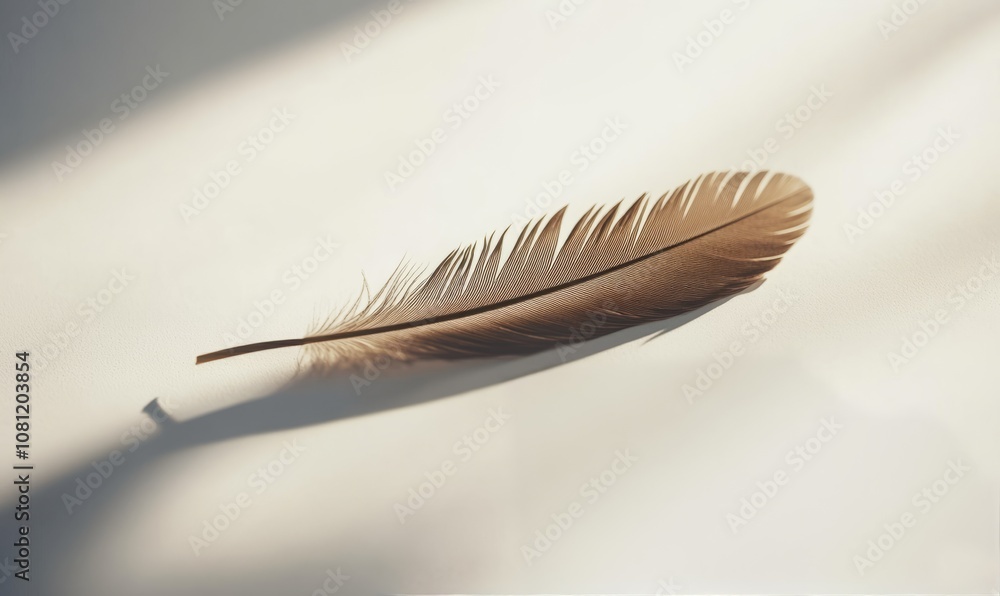 Poster minimalist close-up of a single feather lying on a smooth, white surface, with delicate shadows and 