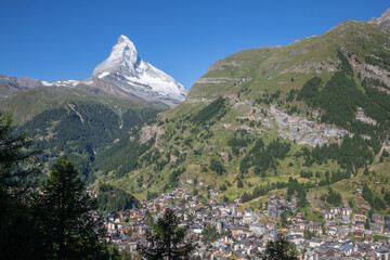 The walliser alps with the Matterhorn peak over the Mattertal valley and Zermatt.