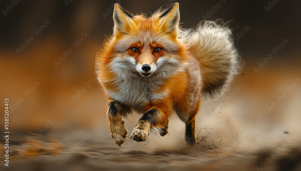 Poster a fox is running through the dirt, with its tail trailing behind it. concept of freedom and wildness