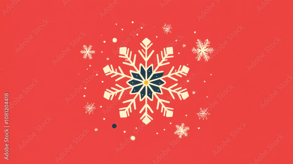 Poster a red background with a snowflake in the center surrounded by other snowflakes. the snowflakes are a