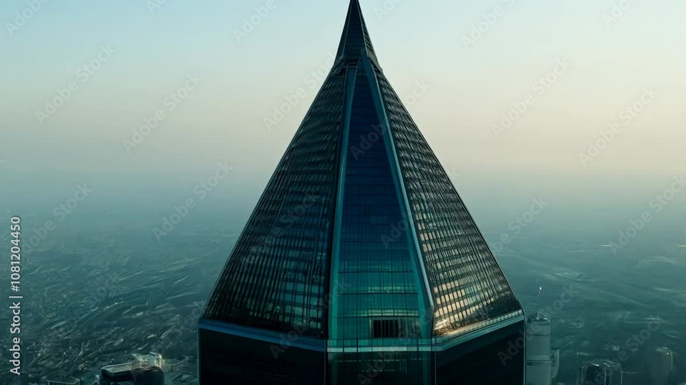 Poster aerial view of the modern skyscraper with a pointed roof at dusk generative ai