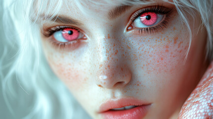 A woman with red eyes and a white haired head. The woman has a red eye makeup and a pink lip color