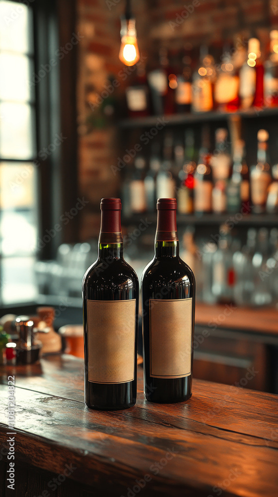 Poster two bottles of wine are on a wooden bar counter. the bottles are red and have a label on them. the s