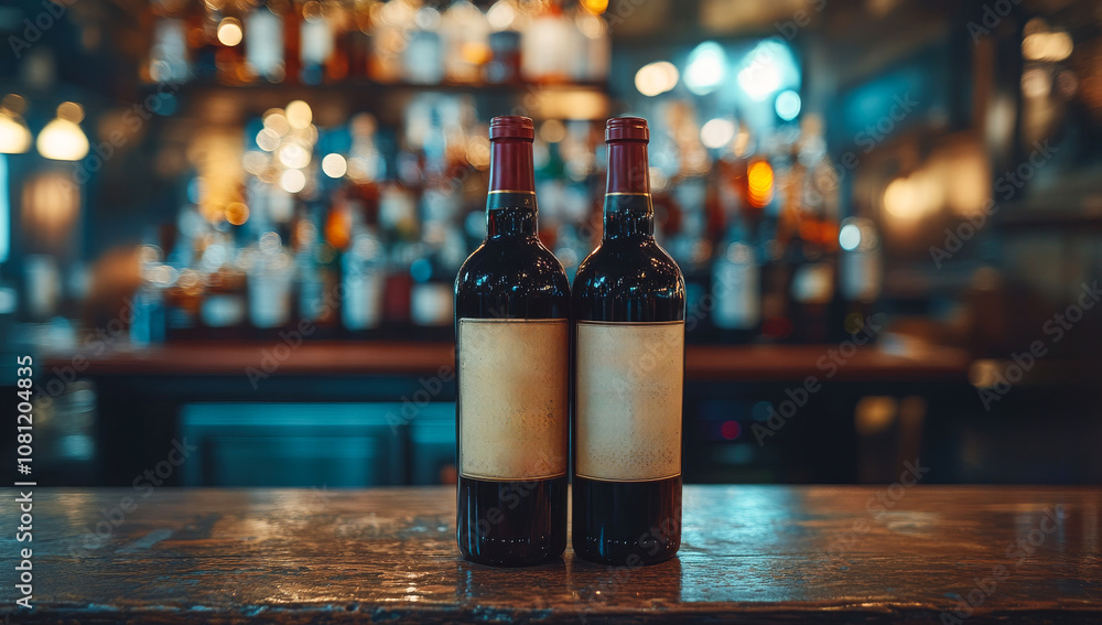 Poster two wine bottles with labels on them are sitting on a bar counter. the bottles are empty and the lab