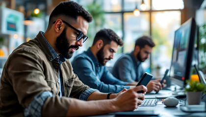 A vibrant image of workers using advanced technology and gadgets in a high-tech office setting, highlighting innovation and productivity