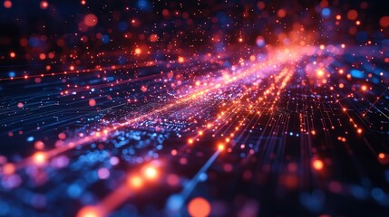 Fototapeta premium Digital River of Light: Abstract artwork depicting a vibrant flow of data, energy, or light, with glowing particles and streaks in shades of blue and orange, creating a futuristic and dynamic visual.