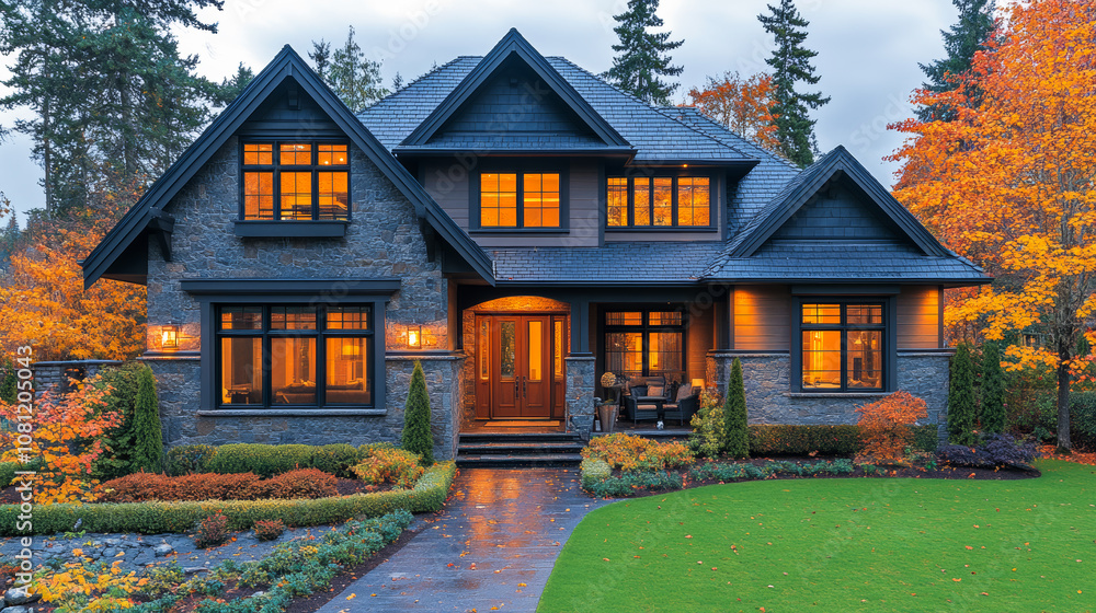 Poster a large house with a large front porch and a large yard. the house is surrounded by trees and has a 
