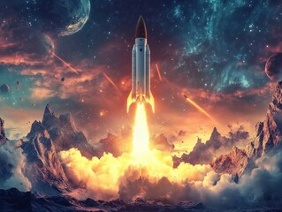 Fototapeta premium Launching Space Rocket From Laptop Screen. Generative AI